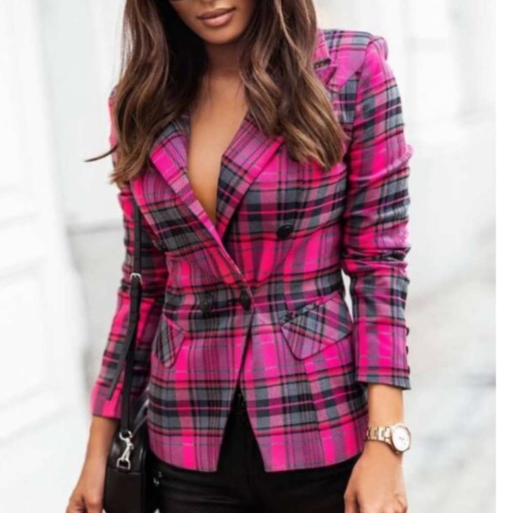 Womens Plaid Lapel Collar Double Breasted Blazer Coat, Hot Pink, Size Large. New